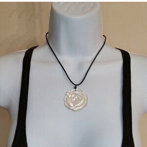 ARTISAN carved MOP flower pendant necklace with sterling silver clasp boho